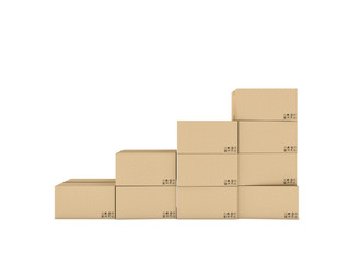 Rendering of light beige mail cardboard boxes put together isolated on a white background.