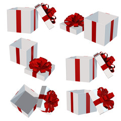 
set of Present boxes for Christmas or birthday with red ribbons and open lid isolated on white 