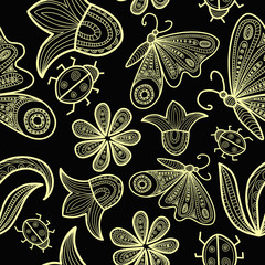 Бесшовный узор с цветами и бабочками