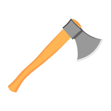 Realistic axe with grey metal part and wooden handle. On the blade chipped. Vector image. Modern style.
