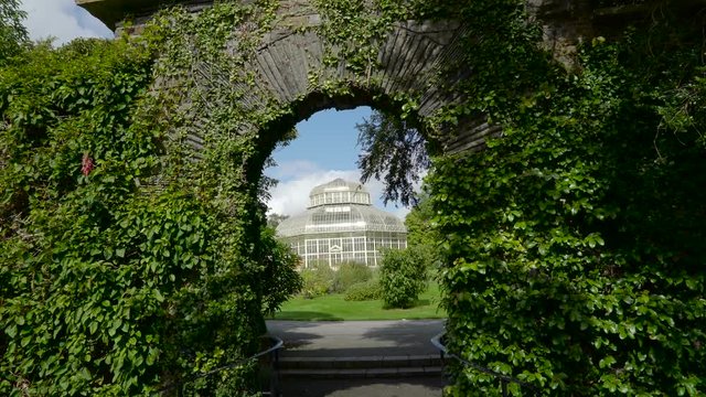 Entrance view of the Dublin Botanical Garden it has lots of vines and plants inside and the green house