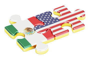 USA and Mexican puzzles from flags, relation concept. 3D renderi