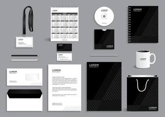 Business stationery set template, corporate identity design mock-up containing black pattern with gray stripes