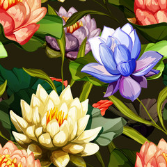 Obrazy  Kwiaty lotosu i lilia wodna z liśćmi. Zestaw elementów projektu. Może być używany w projektowaniu, wyglądzie, kartach, wieńcu itp. Ręcznie rysowane. Wszystkie elementy są rozdzielone i łatwe do przenoszenia. Zdjęcie Seryjne - czas.
