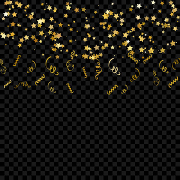 Serpentine ribbons and stars, isolated on background. Streamers confetti . Vector Illustration of Golden decoration. Falling decoration for party, birthday celebrate, anniversary or event, festive.