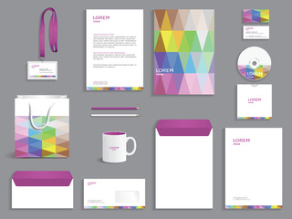 Business stationery set template, corporate identity design mock-up with coloured triangles