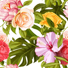 Obrazy na Szkle  Lilia wodna, róże i tropik pozostawia na białym. Bezszwowe tło wzór. Ręcznie rysowane elementy. Zdjęcie Seryjne - czas.