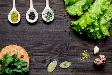 spices for cooking on wooden table top view