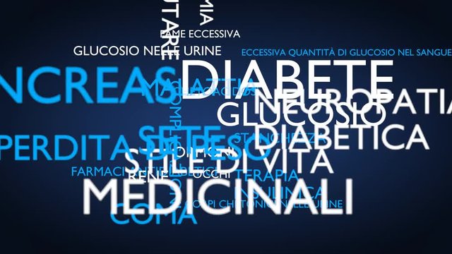 Diabetes, glucose, disease, insulin word tag cloud - blue, Italian variant, 3D rendering, UHD
