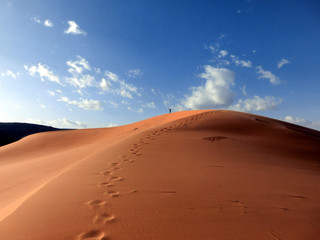 Fototapeta na wymiar Footsteps in sand leading to tiny man on sand dune