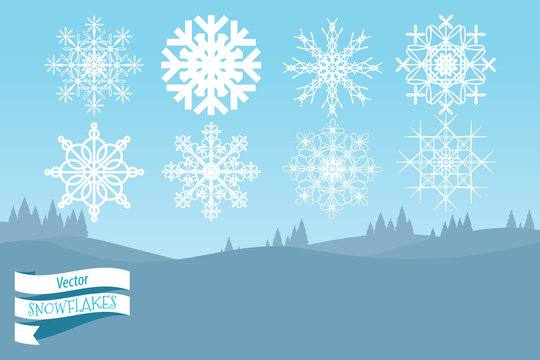 Eight Decorative Snowflakes on Winter Landscape with Ribbon Included