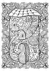 Adult coloring book cover design. Mono color black ink illustration, vector art. Fairy house with open door and floral garden. Vector illustration