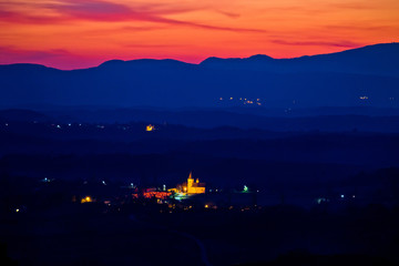 Blue landscape at red sundown in Prigorje