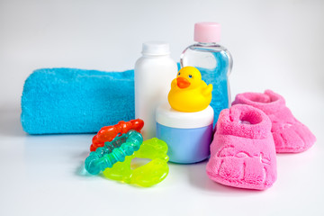 Obraz na płótnie Canvas baby accessories for bath with duck on white background