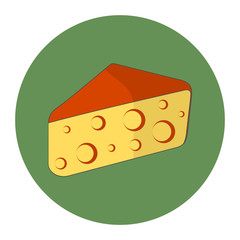 Triangular piece of cheese with holes and crust. With a shadow. In the green circle. Icon. Vector isolated image. A perfect picture for your business.