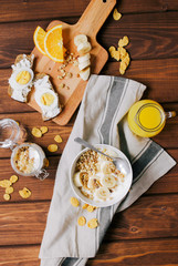 healthy breakfast bowl of yogurt with granola and eggs