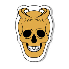 Sticker orange skull with horns and shadow. Vector isolated image.The style flat. The perfect solution for your business
