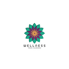Vector yoga logo. Wellness, spa, wellbeing cut paper style illustration. Flower label icon template.