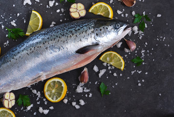 Fototapeta na wymiar Fresh raw salmon with salt and lemon on a black background.