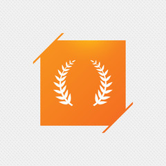 Laurel Wreath sign icon. Triumph symbol. Orange square label on pattern. Vector