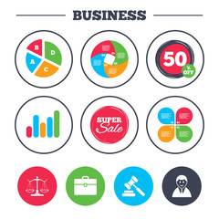 Business pie chart. Growth graph. Scales of Justice icon. Client or Lawyer symbol. Auction hammer sign. Law judge gavel. Court of law. Super sale and discount buttons. Vector