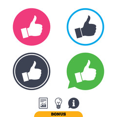 Like sign icon. Thumb up sign. Hand finger up symbol. Report document, information sign and light bulb icons. Vector