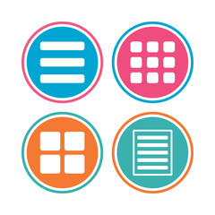 List menu icons. Content view options symbols. Thumbnails grid or Gallery view. Colored circle buttons. Vector