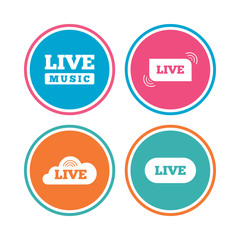 Live music icons. Karaoke or On air stream symbols. Cloud sign. Colored circle buttons. Vector