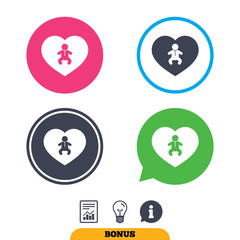 Love Baby infant sign icon. Toddler boy in pajamas or crawlers body symbol. Child WC toilet. Report document, information sign and light bulb icons. Vector