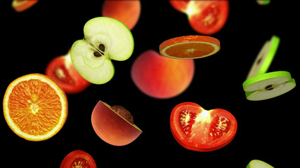 Fototapeta na wymiar Sliced pieces of fruits falling on black background, 3d illustration