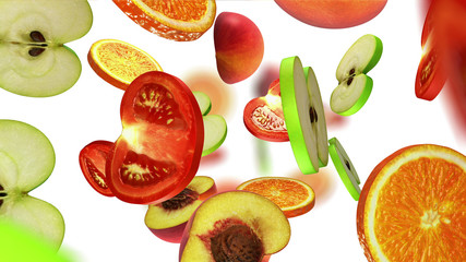 Sections of fruits falling on white background, 3d illustration