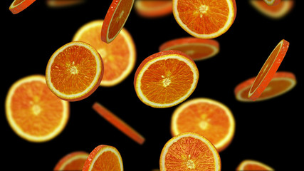 Sliced pieces of orange falling on black background, 3d illustration