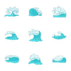 Wave icons set. Cartoon illustration of 9 wave vector icons for web