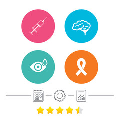 Medicine icons. Syringe, eye with drop, brain and ribbon signs. Breast cancer awareness symbol. Human smart mind. Calendar, cogwheel and report linear icons. Star vote ranking. Vector