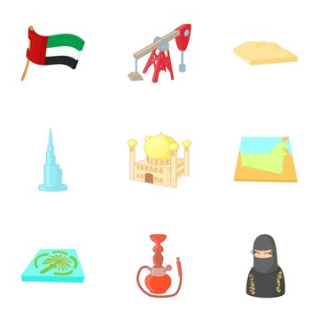 Tourism in UAE icons set. Cartoon illustration of 9 tourism in UAE vector icons for web