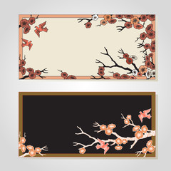 Banners with sakura blossoms and birds. Black white eps outlined illustration.
