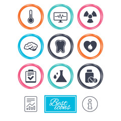 Medicine, medical health and diagnosis icons. Blood donate, thermometer and pills signs. Tooth, neurology symbols. Report document, information icons. Vector