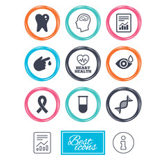 Fototapeta premium Medicine, medical health and diagnosis icons. Blood test, dna and neurology signs. Tooth, report symbols. Report document, information icons. Vector