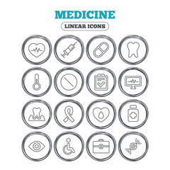 Medicine icons. Syringe, heartbeat and pills symbols. Tooth health, eye and blood donate. Awareness ribbon. Circle flat buttons with linear icons. Vector