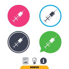 Syringe sign icon. Medicine symbol. Report document, information sign and light bulb icons. Vector