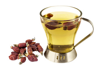 Useful tea with dried fruits rosehip on a white background