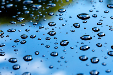 Water droplets on reflecting surface