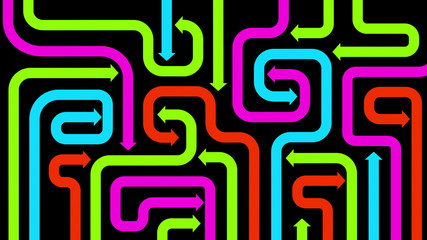 Maze of colorful arrows on black, 2d illustration