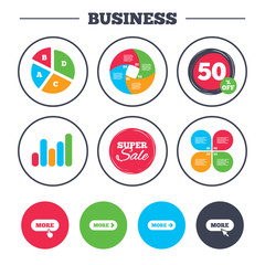 Business pie chart. Growth graph. More with cursor pointer icon. Details with arrow or hand symbols. Click more sign. Super sale and discount buttons. Vector