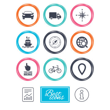 Navigation, gps icons. Windrose, compass and map pointer signs. Bicycle, ship and car symbols. Report document, information icons. Vector