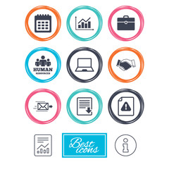 Office, documents and business icons. Human resources, handshake and download signs. Chart, laptop and calendar symbols. Report document, information icons. Vector