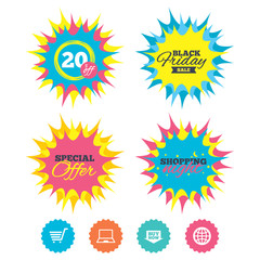 Shopping night, black friday stickers. Online shopping icons. Notebook pc, shopping cart, buy now arrow and internet signs. WWW globe symbol. Special offer. Vector