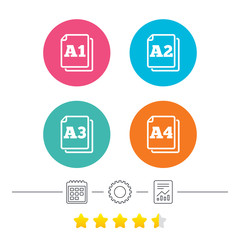 Paper size standard icons. Document symbols. A1, A2, A3 and A4 page signs. Calendar, cogwheel and report linear icons. Star vote ranking. Vector