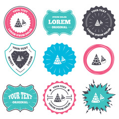 Label and badge templates. Party hat sign icon. Birthday celebration symbol. Retro style banners, emblems. Vector
