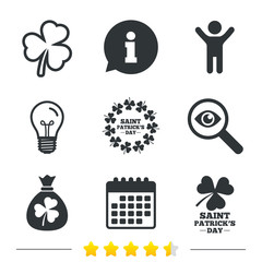 Saint Patrick day icons. Money bag with clover sign. Wreath of trefoil shamrock clovers. Symbol of good luck. Information, light bulb and calendar icons. Investigate magnifier. Vector